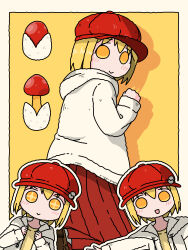 1girl absurdres blonde_hair border closed_mouth emesan_desu hat highres hood hood_down hooded_jacket jacket looking_at_viewer multiple_views mushroom open_clothes open_jacket open_mouth original outline pleated_skirt red_hat red_skirt shirt skirt smile white_border white_jacket white_outline yellow_background yellow_eyes yellow_shirt