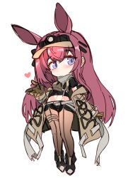 Rule 34 | 1girl, animal ears, arknights, extra ears, full body, gloves, godgamesc2, heart, highres, jacket, long hair, midriff, purple eyes, rabbit ears, rabbit girl, ray (arknights), red hair, solo, standing, thigh strap, very long hair, white background