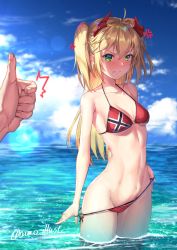 Rule 34 | 1boy, 1girl, admiral hipper (azur lane), ahoge, alternate costume, anger vein, angry, aono meri, azur lane, beach, bikini, bikini tug, blonde hair, blue sky, blurry, blush, breasts, cloud, collarbone, cross, day, depth of field, green eyes, groin, hair between eyes, headgear, highres, iron cross, long hair, looking at viewer, mole, navel, ocean, outdoors, parted lips, partially submerged, pov, red bikini, sky, small breasts, solo focus, standing, stomach, sunlight, swimsuit, thighs, thumbs up, twitter username, two side up, wading