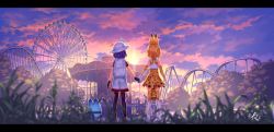 Rule 34 | 10s, 2girls, amusement park, animal ears, animal print, backpack, bag, bare shoulders, black gloves, black hair, black legwear, blonde hair, blurry, carousel, cloud, cloudy sky, depth of field, elbow gloves, facing away, ferris wheel, from behind, gloves, grass, holding hands, hat, hat feather, hat feather, highres, kaban (kemono friends), kemono friends, letterboxed, lucky beast (kemono friends), multiple girls, outdoors, pantyhose, pantyhose under shorts, print gloves, print legwear, print skirt, purple hair, roller coaster, scenery, serval (kemono friends), serval print, serval tail, shirt, short hair, short sleeves, shorts, signature, skirt, sky, sleeveless, sleeveless shirt, standing, sun, sun hat, sunset, t-shirt, tail, teiraa, thighhighs, white shirt, zettai ryouiki