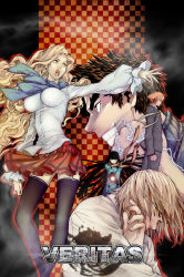 Rule 34 | 2girls, 3boys, black hair, black thighhighs, blonde hair, breasts, brown hair, checkered background, grin, highres, impossible clothes, impossible shirt, large breasts, lightning, long hair, magic, multiple boys, multiple girls, open mouth, orange eyes, orange hair, outstretched arm, outstretched hand, reaching, scarf, school uniform, shirt, skirt, smile, thighhighs, vera linus, veritas, zettai ryouiki