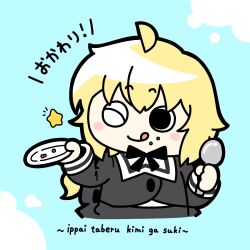 Rule 34 | 1girl, ;q, ahoge, amano soraha, assault lily, black ribbon, black skirt, blonde hair, blue background, blush, buttons, chibi, closed mouth, commentary, cropped torso, food, food on face, hands up, high-waist skirt, highres, holding, holding plate, holding spoon, konpeitoull (c12h22o11 tr 6), long hair, long sleeves, looking ahead, looking to the side, low ponytail, neck ribbon, notice lines, one eye closed, plate, ponytail, ribbon, school uniform, sideways glance, skirt, smile, solid circle pupils, solo, spoon, star (symbol), tongue, tongue out, translated, two-tone background, upper body, white background, yurigaoka girls academy school uniform