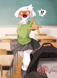 Rule 34 | !, !!, 1girl, arm up, artist name, backpack, bag, bebebe, bird-chan (bebebe), black socks, black skirt, blush, book, chair, chalkboard, classroom, claws, controller, desk, embarrassed, female focus, flat chest, furry, furry female, green sweater, hair ornament, hairclip, indoors, kneehighs, miniskirt, nose blush, open mouth, orange eyes, original, outstretched arm, pleated skirt, remote control, remote control vibrator, running, school desk, sex toy, shirt, short hair, signature, skirt, socks, solo, sweat, sweater, tongue, vibrator, white hair, white shirt, wide-eyed