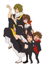 Rule 34 | 1girl, 3boys, a (kyousougiga), bad id, bad pixiv id, bow, brother and sister, brothers, brown hair, hair bow, hair ornament, hood, hoodie, koto (kyousougiga), kyousougiga, long hair, multiple boys, myoe, myoue, parody, ponytail, red eyes, scarf, school uniform, serafuku, short hair, siblings, simple background, skirt, un (kyousougiga), white background, yotsubato!, yotsubato! pose