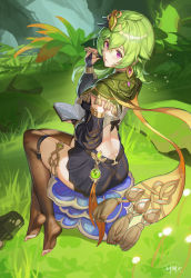 Rule 34 | 1girl, absurdres, ass, back, backless outfit, blush, brown thighhighs, capelet, collei (genshin impact), earrings, feet, genshin impact, god hunter, grass, green hair, highres, jewelry, looking at viewer, looking back, open mouth, purple eyes, sitting, soles, thighhighs, toeless footwear, toeless legwear, toes, zettai ryouiki