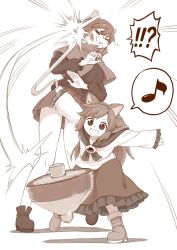 Rule 34 | !?, &gt;:d, 2girls, :d, animal ears, bare legs, boots, bow, capelet, dress, frills, hair bow, hitting, imaizumi kagerou, in the face, jewelry, long hair, miniskirt, multiple girls, musical note, muted color, open mouth, pendant, playing, poronegi, sekibanki, skirt, smile, spinning top, spoken musical note, touhou, tunic, v-shaped eyebrows, wolf ears, aged down