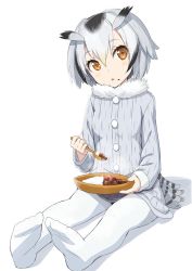 Rule 34 | 10s, 1girl, :o, bad id, bad twitter id, bird tail, black hair, blush, brown eyes, brown hair, buttons, coat, commentary request, curry, curry rice, feet, food, food on face, fur collar, gotyou, grey coat, grey hair, hair between eyes, head tilt, holding, holding plate, holding spoon, kemono friends, long sleeves, looking at viewer, multicolored hair, no shoes, northern white-faced owl (kemono friends), open mouth, pantyhose, parted lips, plate, rice, shadow, short hair, simple background, sitting, soles, solo, spoon, tail, triangle mouth, white background, white pantyhose, wooden spoon
