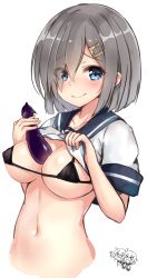 Rule 34 | 10s, bikini, blue eyes, blush, breasts, cleavage, clothes lift, colis (regunm772), eggplant, food, hair ornament, hairpin, hamakaze (kancolle), highres, holding, holding food, ikazuchi (kancolle), inazuma (kancolle), kantai collection, large breasts, looking at viewer, micro bikini, navel, shirt lift, short hair, silver hair, swimsuit, vegetable
