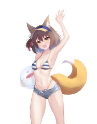 Rule 34 | 1girl, :d, absurdres, animal ears, arm up, armpits, ball, blue archive, blue shorts, breasts, brown hair, collarbone, commentary request, fang, fengli (user aufr5344), fox ears, fox girl, fox tail, highres, holding, holding ball, izuna (blue archive), izuna (swimsuit) (blue archive), long hair, looking at viewer, medium breasts, navel, official alternate costume, open fly, open mouth, short hair, shorts, simple background, skin fang, smile, solo, standing, stomach, swimsuit, tail, visor cap, white background, yellow eyes