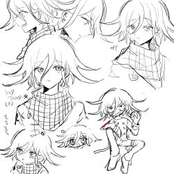 Rule 34 | 1boy, :d, buttons, danganronpa (series), danganronpa v3: killing harmony, double-breasted, flipped hair, greyscale, hair between eyes, highres, jacket, looking at viewer, male focus, medium hair, monochrome, multiple views, oma kokichi, open mouth, pants, plaid, plaid scarf, pout, scarf, sketch, smile, teeth, translation request, upper teeth only, wa noko
