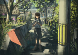 Rule 34 | 1girl, absurdres, anko1127, black skirt, boots, brown footwear, brown hair, camera, collared shirt, commentary request, dappled sunlight, day, drainpipe, dress shirt, expressionless, fence, foliage, grass, grey shirt, highres, holding, holding camera, house, looking at viewer, original, outdoors, parted lips, path, pleated skirt, ribbed socks, road, road sign, scenery, school uniform, shirt, shirt tucked in, short hair, short sleeves, sign, skirt, solo, spring (season), straight-on, sunlight, tall grass, tree, utility pole, wide shot