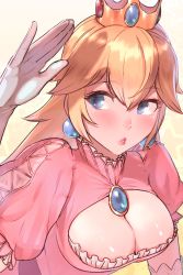 Rule 34 | 1girl, blonde hair, blue eyes, blush, breasts, cleavage, cleavage cutout, clothing cutout, crown, dress, earrings, gloves, hair between eyes, hair flaps, highres, jewelry, long hair, looking to the side, mario (series), medium breasts, mr.takealook, nintendo, parted lips, pink dress, princess peach, puffy short sleeves, puffy sleeves, shiny skin, short sleeves, simple background, solo, upper body, white background, white gloves