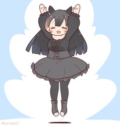 Rule 34 | 1girl, animal ears, arms up, black hair, blue background, boots, coroha, extra ears, full body, jumping, kemono friends, long hair, looking at viewer, mountain tapir (kemono friends), pantyhose, ribbon, shirt, simple background, skirt, solo, tapir ears, tapir girl