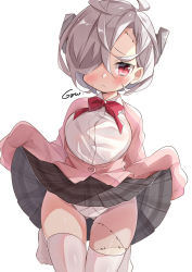 Rule 34 | 1girl, azur lane, bolt, clothes lift, gau (n00 shi), hair over one eye, highres, lifted by self, object through head, panties, pantyshot, red eyes, screw in head, short hair, skirt, skirt lift, sleeves past fingers, sleeves past wrists, solo, stitches, terror (azur lane), thighhighs, underwear, white hair