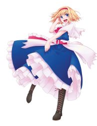 Rule 34 | 1girl, absurdres, alice margatroid, babato, bad id, bad pixiv id, blonde hair, blue dress, blue eyes, boots, cross-laced footwear, dress, female focus, frills, full body, gathers, hairband, hand in own hair, highres, lace-up boots, open mouth, short hair, smile, solo, touhou, transparent background