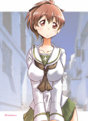Rule 34 | 1girl, black neckerchief, black ribbon, blouse, blurry, blurry background, blush, breasts, brown eyes, brown hair, closed mouth, commentary, day, frown, girls und panzer, green skirt, hair ribbon, holding, koyama yuzu, large breasts, long sleeves, looking to the side, miniskirt, nakasawa kei, neckerchief, ooarai school uniform, outdoors, outside border, pleated skirt, ribbon, school uniform, serafuku, shirt, short hair, short ponytail, skirt, solo, standing, twitter username, v arms, white shirt