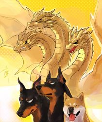 Rule 34 | closed eyes, comparison, dobermann, dog, fangs, godzilla: king of the monsters, godzilla (series), horns, kaijuu, king ghidorah, king ghidorah (monsterverse), legendary pictures, long neck, monster, monsterverse, multiple heads, scales, serious, shiba inu, smile, spikes, spines, toho, tongue, tongue out, tsk03, wings