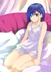 Rule 34 | 10s, 1girl, bad id, bad pixiv id, blue hair, breasts, couch, curtains, darling in the franxx, green eyes, hair ornament, ichigo (darling in the franxx), kuro (1968), looking at viewer, nightgown, pillow, seiza, short hair, sitting, small breasts, smile, solo, window