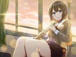 Rule 34 | 1girl, absurdres, black hair, black neckwear, black skirt, blue eyes, blunt bangs, brown shirt, chair, classroom, collarbone, commentary request, evening, hair ornament, hairclip, highres, holding, holding instrument, hoshimiya aki, instrument, legs together, lens flare, long sleeves, oboe, open mouth, original, pleated skirt, sailor collar, school chair, school uniform, serafuku, shirt, sitting, skirt, sky, solo, sunset, thick thighs, thighs, uniform, white sailor collar, window