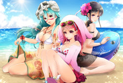 Rule 34 | 3girls, aqua hair, bad id, bad pixiv id, bare shoulders, barefoot, beach, bikini, bikini skirt, bikini top only, black bikini, black hair, bleach, blue sky, bracelet, breasts, brown eyes, cleavage, closed mouth, clothes lift, cloud, collarbone, day, dokugamine riruka, drinking, drinking straw, eyewear on head, facial mark, floating hair, floral print, flower, food, food print, front-tie bikini top, front-tie bra, front-tie top, fruit, glasses, green hair, hair flower, hair ornament, hair up, happy, head tilt, hibiscus, jewelry, kneeling, large breasts, lens flare, long hair, looking at viewer, looking back, mask, mask on head, medium breasts, midriff, multiple girls, navel, necklace, nelliel tu odelschwanck, ocean, open mouth, outdoors, pink flower, pink hair, purple eyes, red-tinted eyewear, red hair, red skirt, sand, sandals, sarong, sarong lift, see-through, short hair with long locks, shy, sidelocks, sitting, sitting together, skirt, skull, skull mask, sky, smile, sparkle, sparkle background, strawberry, strawberry bra, strawberry print, sun, sunglasses, sunlight, sunny, swimsuit, tinted eyewear, umi (pixiv6861961), very long hair, wariza, water, white bikini, yellow-framed eyewear