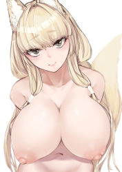 Rule 34 | 1girl, absurdres, animal ears, arms behind back, blonde hair, breasts, fox girl, fox tail, highres, large breasts, long hair, looking at viewer, nipples, nude, original, rinrin kai, standing, tail, thick eyebrows, white background