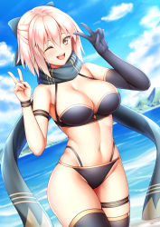 Rule 34 | 1girl, ;d, beach, bikini, black bikini, black gloves, black scarf, black thighhighs, bow, breasts, cleavage, cowboy shot, day, double v, dutch angle, elbow gloves, fate/grand order, fate (series), gloves, hair between eyes, hair bow, highres, large breasts, layered bikini, lens flare, looking at viewer, navel, ocean, okita j. souji (fate), okita j. souji (first ascension) (fate), okita souji (fate), okita souji (koha-ace), one eye closed, open mouth, outdoors, pink hair, scarf, short hair, single glove, skindentation, sky, smile, solo, swimsuit, thigh strap, thighhighs, v, yellow eyes, yuunagi (0217)