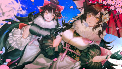 Rule 34 | 2girls, atago (azur lane), atago (hallmarks of winter) (azur lane), azur lane, black gloves, black hair, black kimono, bow, breasts, cherry blossoms, commentary, day, flower, fur-trimmed kimono, fur trim, gloves, hair bow, hair flower, hair ornament, hands up, highres, holding, holding umbrella, japanese clothes, kimono, kukuish, large breasts, long hair, looking at viewer, multiple girls, obi, official alternate costume, oil-paper umbrella, parted lips, pink bow, ponytail, sash, siblings, sisters, sky, smile, takao (azur lane), teeth, umbrella, upper teeth only, very long hair, white bow, white flower, white kimono, yellow eyes