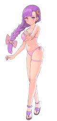 Rule 34 | 1girl, alternate hairstyle, bare arms, bare legs, bare shoulders, bikini, bow, braid, breasts, crescent, crescent hair ornament, expressionless, full body, hair bow, hair ornament, halterneck, highres, long hair, looking at viewer, medium breasts, patchouli knowledge, pink bikini, purple hair, red bow, sandals, side-tie bikini bottom, simple background, solo, standing, string bikini, swimsuit, thigh strap, touhou, tsukebo, white background