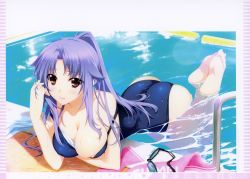 Rule 34 | 1girl, ass, bare shoulders, barefoot, blue one-piece swimsuit, blush, brown eyes, collarbone, highres, iizuki tasuku, lips, long hair, looking at viewer, lovely x cation 2, official art, one-piece swimsuit, parted bangs, partially submerged, purple hair, scan, simple background, solo, swimsuit, thighs, toes, water
