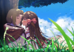 Rule 34 | 10s, 1boy, 1girl, ahoge, animal ears, blue sky, blunt bangs, blush, bow, braid, brown hair, capelet, cloud, clover, dappled sunlight, day, face-to-face, from side, fukuro daizi, grass, hair bow, haku (utawarerumono), highres, hood, hood down, japanese clothes, leaf, long hair, looking at another, low ponytail, motion blur, outdoors, parted bangs, pink bow, profile, red eyes, ribbon trim, rulutieh, sash, shade, sitting, sky, sunlight, tree, tree shade, under tree, utawarerumono, utawarerumono: itsuwari no kamen, very long hair, wind