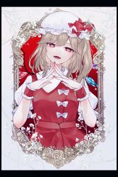 Rule 34 | 1girl, adapted costume, asymmetrical clothes, black border, blonde hair, border, bow, collared dress, commentary request, crystal, dress, fangs, fingernails, fingers together, flandre scarlet, floral background, flower, foul detective satori, frilled cuffs, frilled hat, frills, grey background, half-closed eyes, hands up, hat, hat bow, head tilt, highres, katai (nekoneko0720), light brown hair, long fingernails, looking at viewer, medium hair, mob cap, one side up, open mouth, own hands together, picture frame, pinafore dress, puffy short sleeves, puffy sleeves, red background, red dress, red eyes, rose, sharp fingernails, shirt, short sleeves, sidelocks, sleeveless, sleeveless dress, slit pupils, solo, steepled fingers, swept bangs, touhou, white bow, white hat, white shirt, wings, wrist cuffs
