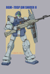 Rule 34 | arm shield, assault visor, character name, commentary request, finger on trigger, gm sniper ii, grey background, gun, gundam, gundam 0080, highres, holding, holding gun, holding weapon, marimoyui, mecha, mobile suit, no humans, radio antenna, rifle, robot, science fiction, scope, sniper rifle, solo, standing, two-tone background, weapon, yellow background