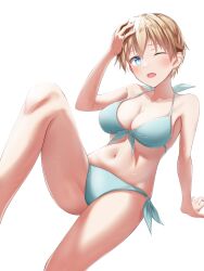 Rule 34 | 1girl, arm support, bikini, blonde hair, blue bikini, blue eyes, blush, brave witches, breasts, cleavage, collarbone, hand on own head, highres, iwabuchi501, large breasts, looking at viewer, navel, nikka edvardine katajainen, one eye closed, open mouth, short hair, side-tie bikini bottom, simple background, solo, swimsuit, white background, world witches series
