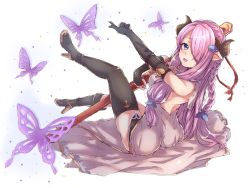 Rule 34 | 10s, 1girl, :d, bad id, bad pixiv id, bare shoulders, black footwear, black gloves, black thighhighs, blue eyes, braid, breasts, bug, butterfly, butterfly hair ornament, draph, elbow gloves, gloves, granblue fantasy, hair ornament, hair over one eye, high heels, highres, horns, insect, lavender dress, light purple hair, long hair, looking at viewer, looking back, nametake (nekoyasya12172), narmaya (granblue fantasy), open mouth, pointy ears, shoes, single braid, single thighhigh, sitting, smile, solo, staff, thighhighs