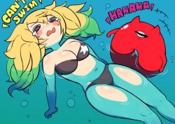 Rule 34 | 1girl, bikini, blonde hair, blush, breasts, crying, enemy lifebuoy (kancolle), english text, floating, floating hair, gambier bay (kancolle), in water, kantai collection, laughing, long hair, navel, open mouth, simoyuki, swimsuit, tears, twintails, water