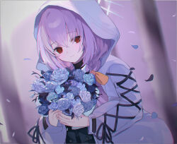 Rule 34 | 1girl, atsuko (blue archive), blue archive, bouquet, bow, braid, closed mouth, commission, commissioner upload, cross-laced clothes, cross-laced sleeves, crossed bangs, falling petals, flower, hair between eyes, hair bow, halo, highres, holding, holding flower, hood, hood up, hooded jacket, jacket, kani nyan, long hair, looking at viewer, orange bow, petals, pixiv commission, pouch, purple hair, red eyes, solo, translation request, twin braids, white halo, white hood, white jacket