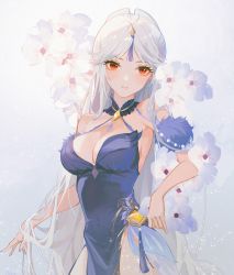 Rule 34 | 1girl, absurdres, bad id, bad pixiv id, bare shoulders, blue dress, breasts, cleavage, dress, flower, genshin impact, hair ornament, hand in own hair, highres, large breasts, ningguang (genshin impact), ningguang (orchid&#039;s evening gown) (genshin impact), red eyes, solo, upper body, vision (genshin impact), white hair, yutou (yutou75)