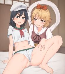 Rule 34 | 2girls, anchor symbol, arm support, bare arms, bare legs, barefoot, black hair, blonde hair, blush, breasts, brown hair, collared shirt, cropped shirt, crotch, embarrassed, fingernails, furrowed brow, gluteal fold, green eyes, hand on another&#039;s leg, hand on another&#039;s thigh, hat, highres, indoors, leaning back, leaning forward, looking at another, medium breasts, medium hair, micro shorts, midriff, miyo (ranthath), multicolored hair, multiple girls, murasa minamitsu, navel, partially visible vulva, sailor collar, sailor hat, shawl, shirt, short sleeves, shorts, sitting, smile, spread legs, streaked hair, sweat, taut clothes, toenails, toes, toramaru shou, touhou, two-tone hair, white shirt, white shorts, yellow eyes, yuri