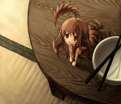 Rule 34 | 1girl, :&lt;, ahoge, all fours, blush, bowl, brown eyes, brown hair, carapace, chopsticks, crawling, from above, frown, inuinu (project october), ken makiba, magic: the gathering, mini person, minigirl, monster girl, on table, open mouth, personification, phyrexian dreadnought, solo, table, tatami, triangle mouth, wooden table, yellow eyes
