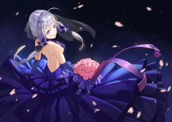 Rule 34 | 1girl, ahoge, azur lane, back, backless dress, backless outfit, bare shoulders, blue dress, blue eyes, blue gloves, blush, bouquet, braid, breasts, dress, elbow gloves, floating hair, flower, gloves, hair ornament, halter dress, halterneck, holding, holding bouquet, illustrious (azur lane), illustrious (never-ending tea party) (azur lane), large breasts, long hair, looking at viewer, looking back, low twintails, petals, ribbon, shoulder blades, smile, solo, tiara, twintails, white hair, whitecrow4444