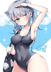 Rule 34 | 1girl, absurdres, animal ear fluff, animal ears, ba dian, bag, black one-piece swimsuit, blue archive, blue eyes, breasts, competition swimsuit, covered navel, cowboy shot, cross hair ornament, extra ears, grey hair, hair ornament, halo, highres, looking at viewer, low ponytail, medium breasts, medium hair, mismatched pupils, multicolored clothes, multicolored swimsuit, official alternate costume, one-piece swimsuit, shading eyes, shiroko (blue archive), shiroko (swimsuit) (blue archive), solo, swimsuit, wolf ears