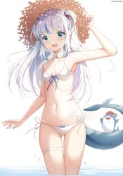Rule 34 | 1girl, absurdres, bad id, bad pixiv id, bikini, bloop (gawr gura), blue eyes, blue hair, blush, breasts, chintora0201, fins, fish tail, gawr gura, gluteal fold, hat, highres, hololive, hololive english, long hair, looking at viewer, multicolored hair, navel, open mouth, shark tail, sharp teeth, side-tie bikini bottom, simple background, small breasts, straw hat, swimsuit, tail, teeth, thighs, two-tone hair, virtual youtuber, white background, white bikini, white hair