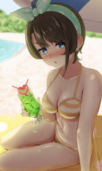 Rule 34 | 1girl, beach, bikini, black hair, blue eyes, blue hairband, blue sky, blush, breasts, cleavage, commentary request, cup, day, drinking glass, hairband, highres, hololive, looking at viewer, makimaki pasuta, medium breasts, melon soda, navel, nose blush, official alternate costume, oozora subaru, oozora subaru (1st costume), outdoors, polka dot hairband, short hair, sitting, sky, solo, striped bikini, striped clothes, swept bangs, swimsuit, thigh gap, virtual youtuber, yellow bikini, yokozuwari