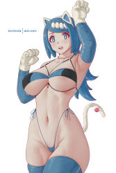 Rule 34 | 1girl, absurdres, animal ears, arm up, armpits, bead necklace, beads, bikini, blue bikini, blue eyes, blue hair, blue thighhighs, breasts, cat ears, cat tail, creatures (company), fake animal ears, game freak, gloves, highleg, highleg bikini, highres, jewelry, lana&#039;s mother (pokemon), large breasts, long hair, looking at viewer, mature female, melowh, navel, necklace, nintendo, patreon username, pokemon, pokemon (anime), pokemon sm (anime), side-tie bikini bottom, simple background, solo, swimsuit, tail, thighhighs, thighs, white background, white gloves