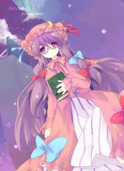 Rule 34 | 1girl, bad id, bad pixiv id, bespectacled, book, bow, cloud, crescent, crescent hat ornament, female focus, glasses, hat, hat ornament, kobato (artist), long hair, morinaga kobato, night, patchouli knowledge, pink bow, purple hair, solo, star (symbol), touhou, tsubame (artist), twintails