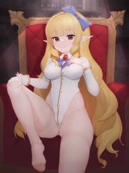 Rule 34 | 1girl, absurdres, blonde hair, blue bow, blunt bangs, blurry, blurry background, blush, book, bookshelf, bow, breasts, commission, couch, doha skylightscent, hair bow, highleg, highres, large breasts, leotard, long hair, long sleeves, looking at viewer, pantyhose, pointy ears, red eyes, see-through, see-through legwear, sitting, smile, solo, striped, thighs, very long hair