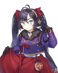 Rule 34 | 1girl, alternate costume, aqua eyes, choker, clothes lift, dress, earmuffs, genshin impact, gloves, hair between eyes, hair ornament, hand in own hair, happy new year, highres, lifting own clothes, long hair, looking at viewer, mona (genshin impact), new year, noixen, purple hair, simple background, skirt, skirt lift, smile, solo, star (symbol), star choker, star hair ornament, twintails, white background, winter clothes