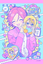 Rule 34 | 2boys, blonde hair, blue background, blush, character doll, closed mouth, ensemble stars!, facing viewer, green eyes, heart, highres, holding, holding stuffed toy, jacket, long sleeves, male focus, manamoko (fancy surprise!), multicolored background, multiple boys, open mouth, oukawa kohaku, pink background, pink jacket, purple hair, shiratori aira (ensemble stars!), shirt, short hair, smile, star (symbol), stuffed toy, white shirt