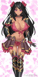 Rule 34 | 1girl, absurdres, armor, bare shoulders, black choker, black hair, blush, bow, breasts, choker, commentary, dark skin, earrings, eyeshadow, feet out of frame, greaves, hair bow, hand on own hip, heart, heart earrings, highres, jewelry, large breasts, long hair, looking at viewer, makeup, mole, mole under eye, navel, nez-box, original, pauldrons, pink bow, pink lips, purple eyes, shoulder armor, smile, solo, standing, stomach, thighs, two side up, vambraces, very long hair