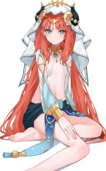 Rule 34 | 1girl, :/, aqua eyes, arabian clothes, bare legs, barefoot, blue gemstone, blush, breasts, clothing cutout, crossed legs, eyebrows hidden by hair, feet, foot out of frame, forehead jewel, gem, genshin impact, gold choker, hand on own thigh, highres, horns, invisible floor, jewelry, long hair, long sleeves, looking at viewer, low twintails, navel, neck ring, nilou (genshin impact), no nose, parted bangs, red hair, sidelocks, simple background, sitting, skirt, small breasts, soles, solo, stomach, toes, tsurime, twintails, vambraces, veil, very long hair, white background, white headdress, white sleeves, xiao lin jiu, yokozuwari